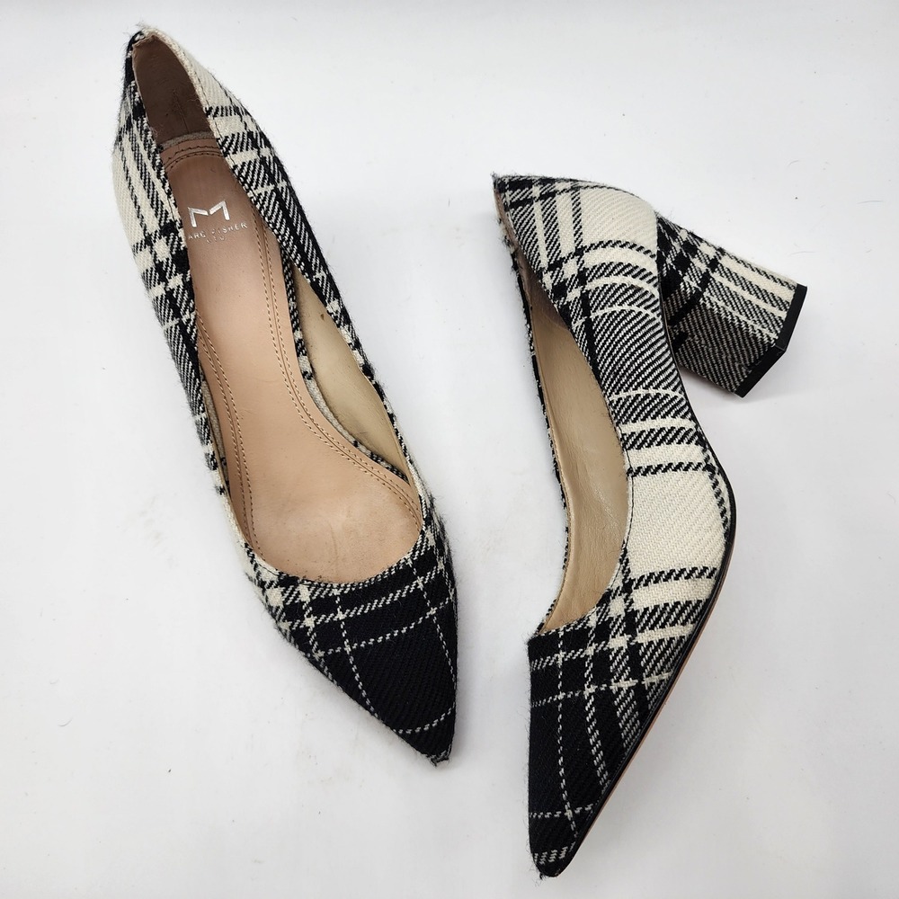 Marc Fisher Zala Tweed Pump Women's 9 Black White Plaid Block Heel Pointed Toe